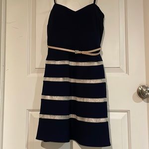 Strapless Navy dress with gold/tan striping detail